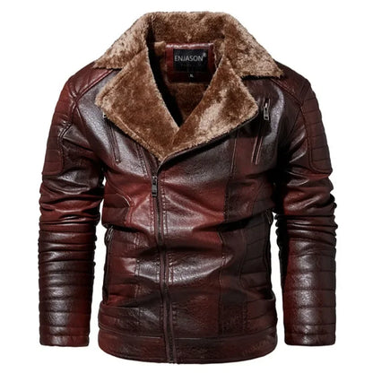 Men Leather Jacket Fur Integrated Locomotive Leather Jacket Coats Long Sleeve Zipper Fur Collar Motorcycle Outwear Faux Leather