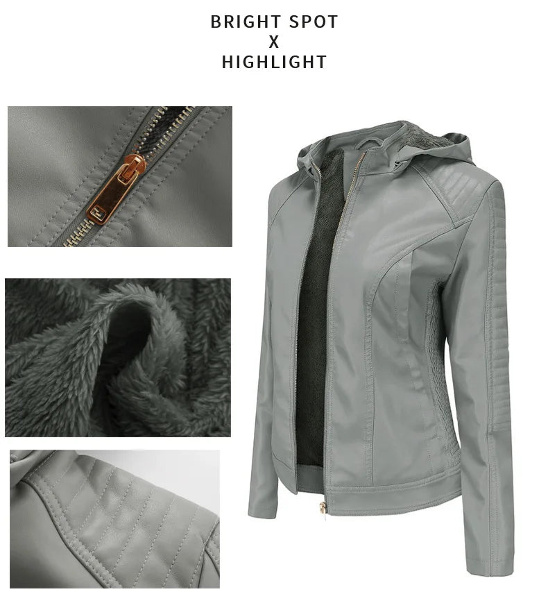 Faux Leather Women Coat Hooded Full Sleeve Slim Fit Solid Sexy Regular Jackets Zipper Casual Splice Coats Thick Warm Jacket