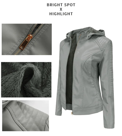 Faux Leather Women Coat Hooded Full Sleeve Slim Fit Solid Sexy Regular Jackets Zipper Casual Splice Coats Thick Warm Jacket