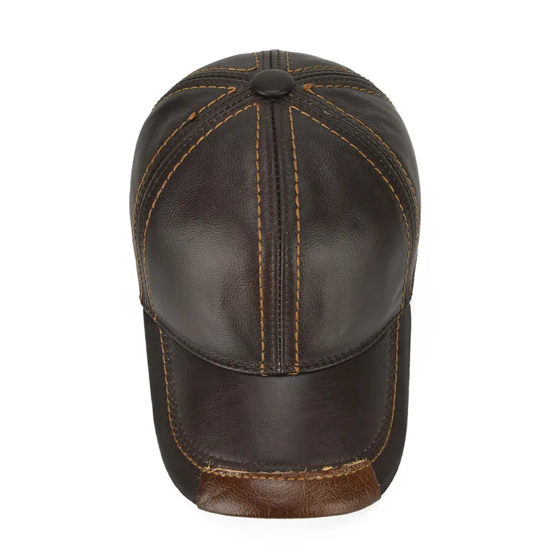 Men Real Cowhide Leather Earlap Caps Male Fall Winter 100% Real Cow Leather Hats New Casual Real Leather Outdoor Baseball Cap