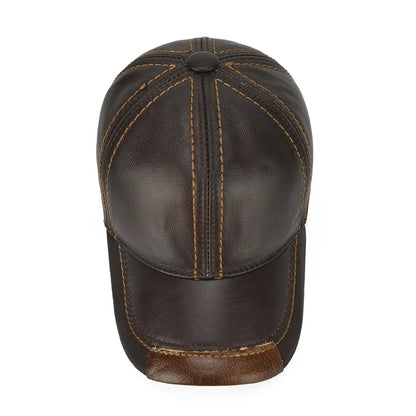 Men Real Cowhide Leather Earlap Caps Male Fall Winter 100% Real Cow Leather Hats New Casual Real Leather Outdoor Baseball Cap