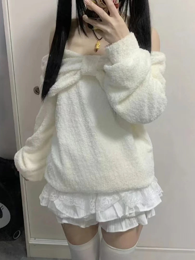 Winter Kawaii Sweet Off Shoulder Loose Sweater Women Design Warm Long Sleeve White Fashion Lovely Pullover Chic Bow Outfits New