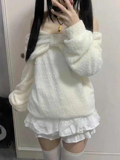 Winter Kawaii Sweet Off Shoulder Loose Sweater Women Design Warm Long Sleeve White Fashion Lovely Pullover Chic Bow Outfits New