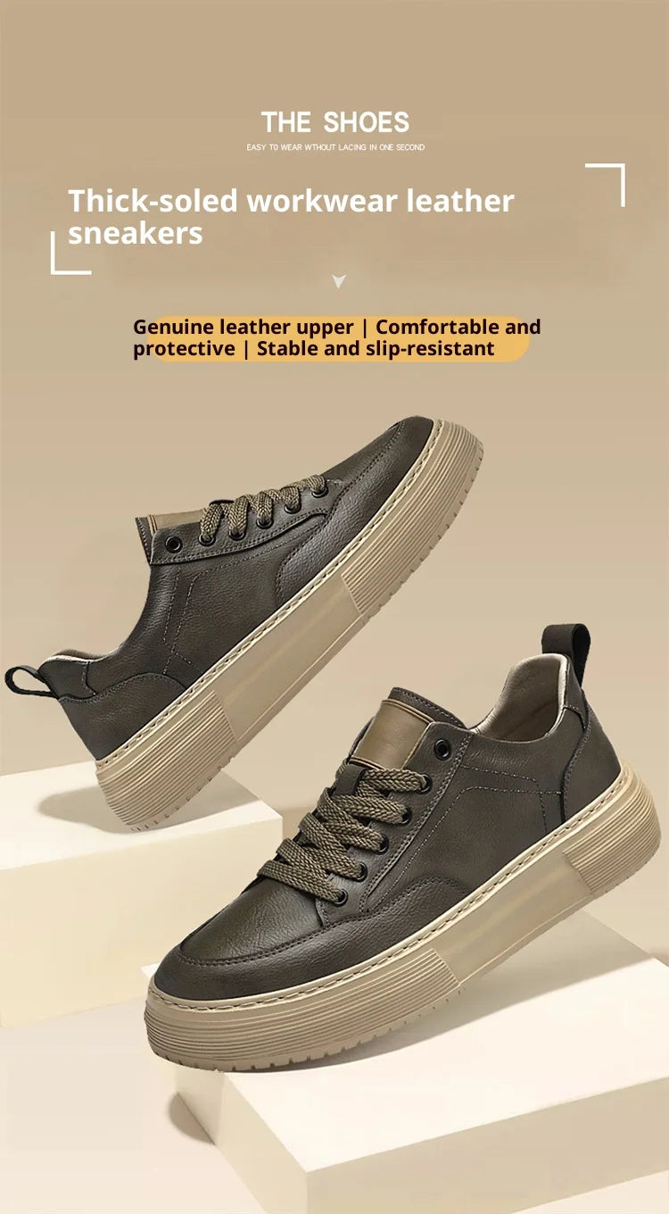 Genuine Leather Men's Casual Shoes, Thick-soled, Anti-slip, Wear-resistant, Height-increasing, Street Fashion, Retro Board Shoes