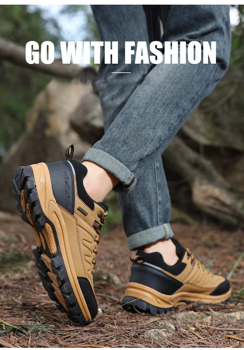 New Leather Men Shoes Outdoors Non-Slip Men's Hiking Shoes Lace-Up Waterproof Men Sneakers Fashion Comfortable Walking Shoes