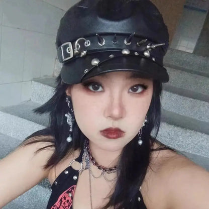 PU Leather Rivet Punk Cap Lolita Cool Beret Hat Gothic Spike Cap Sunscreen Hat Black Painter Hat Hip Pop Cap