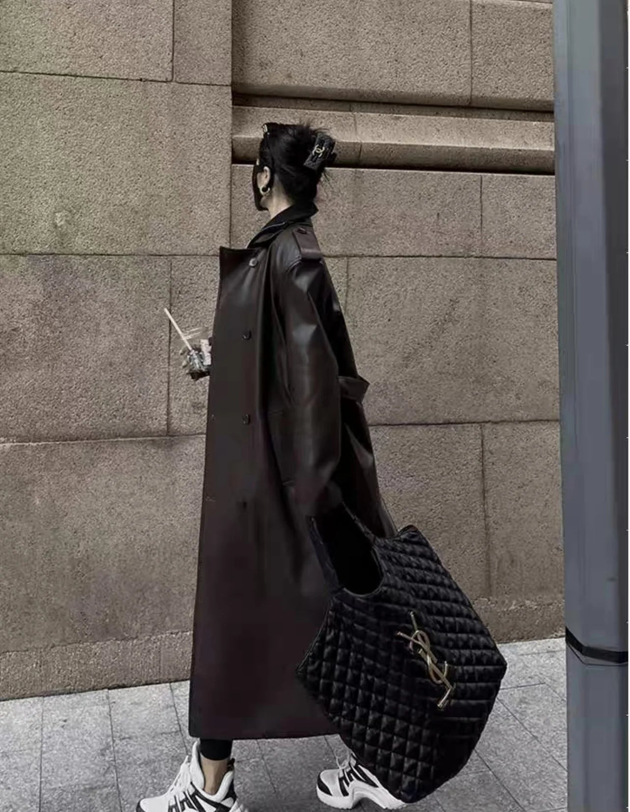 Women Faux PU Leather Coats Turn Down Collar Black High Waist Lace Up Long Jackets Casual Elegant Y2k Maxi Loose Windbreak