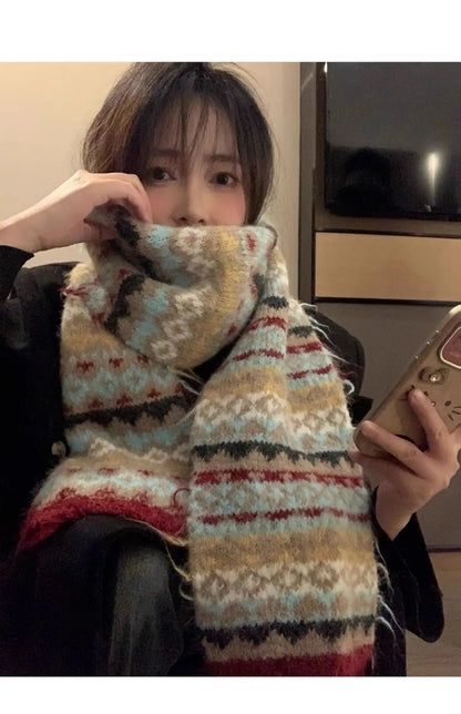 Women's Winter Scarf Sweet Style Warm Scarf Knitted Wool Scarf  Winter High End Retro Thickened Warm Woolen Scarf Fashion Scarf