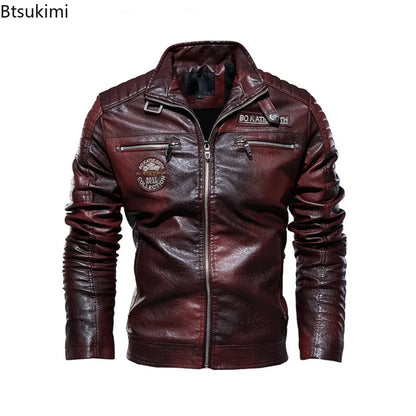 2025 Leather Jackets Men's Autumn Winter Fleece Motorcycle PU Leather Jackets Vintage Casual Stand Collar Windbreaker Slim Coats