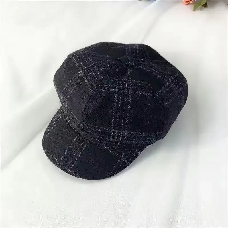 Kids Boys Girls PU Leather Hat 2024 New Arrival Children Princess Retro Beret Cap British Style Plaid Striped Cap Steetwear Hat