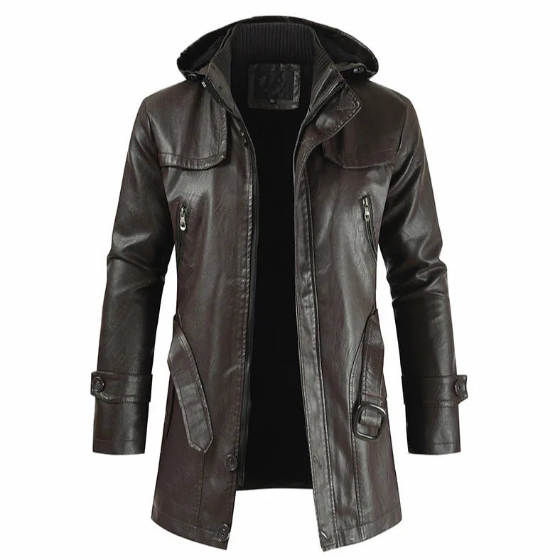 Coat Windproof Clothes Men's Hooded Long Leather coat Men's Leather Motorcycle Leather fashion Winter Korean Fashion Jacket