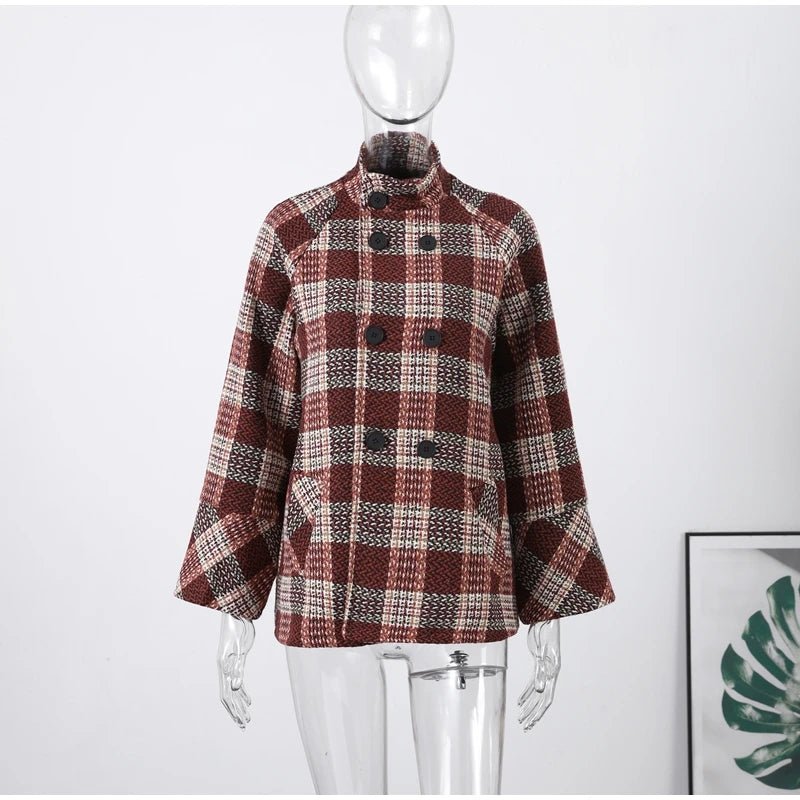 Autumn Winter Chic Coat Warm Checkered Turtleneck Shoulder Straight Coat Women Double Breasted Full Sleeve Middle Long Coat Lady