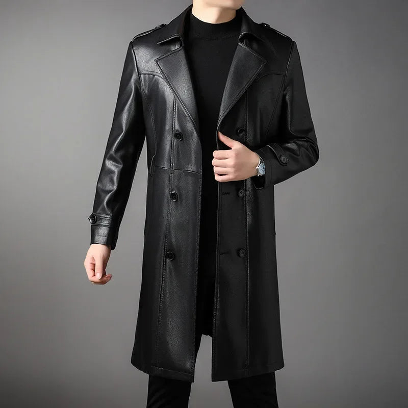 High Quality Knee-Length Men's Leather Overcoat for Autumn & Winter Double Breasted  Business Windbreaker Leather Coats PU-026