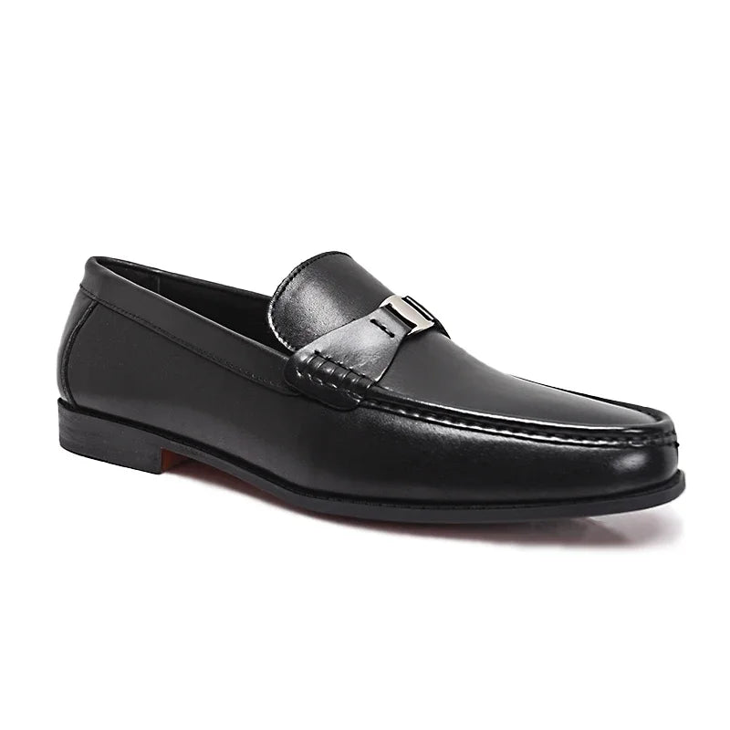 Men's Genuine Leather Non-Slip Flat Loafers Handmade Metal Buckle Glossy Pointed Banquet Wedding Party Formal Shoes