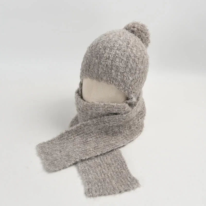 Winter Sweet Girl's Must-have - Wool Blend Beanie with Scarf and Shiny Furball