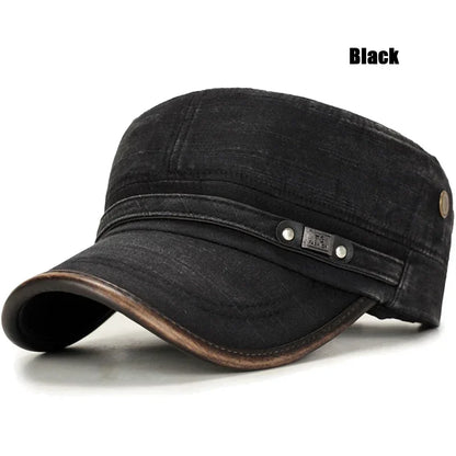 Leather Brim Washed Distressed Cotton Adjustable Military School Flat Cap Sun Hat Trucker Caps Dad Hats