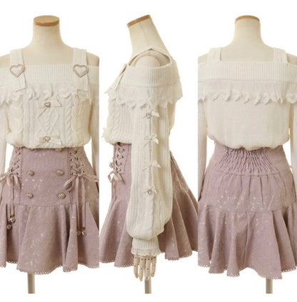Japanese Sweet Bow Long-sleeve Knitted Pullover Sweater Autumn Winter New Off-shoulder Sexy Lolita Girls Liz Sweater Jumper Top