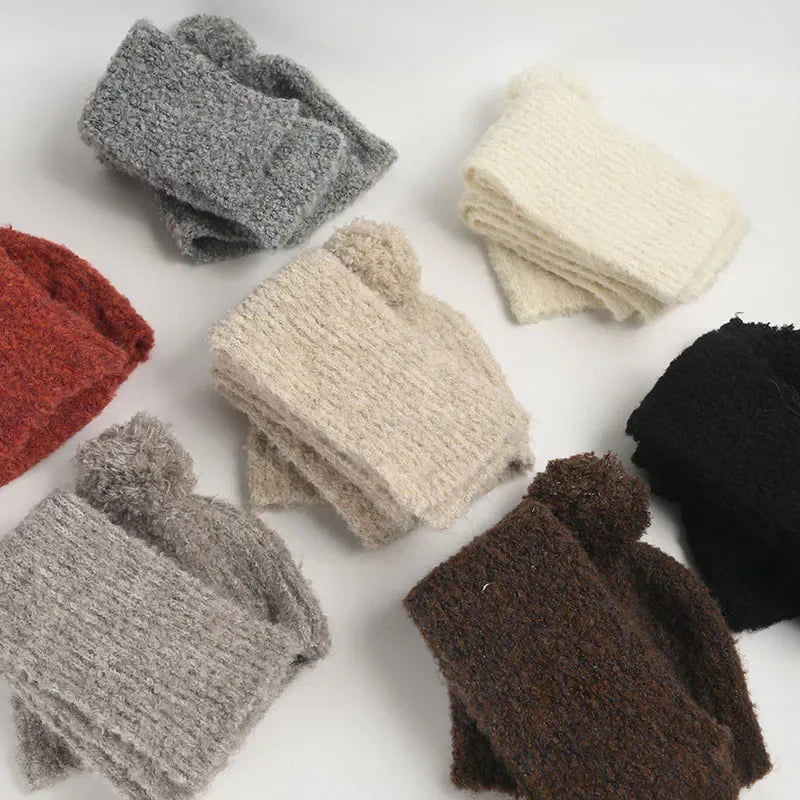 Winter Sweet Girl's Must-have - Wool Blend Beanie with Scarf and Shiny Furball