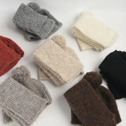 Winter Sweet Girl's Must-have - Wool Blend Beanie with Scarf and Shiny Furball