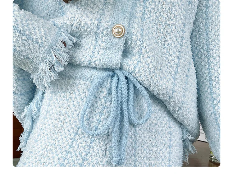 Winter Ins Sweet Tassel Cardigan Set Sleepwear Women's Winter Thick Warm Knitted Home Clothes Two Piece Set Light Blue