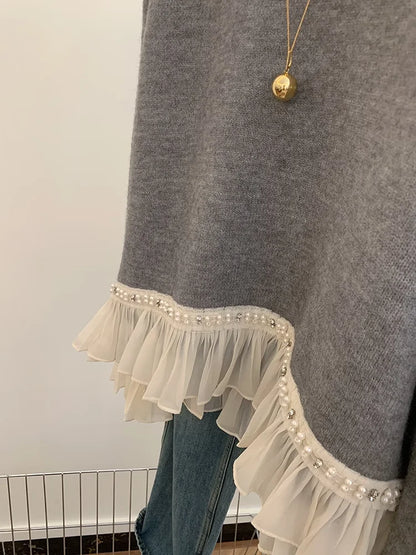 New Winter Sweet Loose Beaded Ruffled Pink Sweater for Women Fashion Versatile Casual and Elegant Knitted Sweater