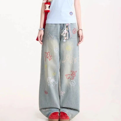 Jeans for Woman Y2k Pants Retro Washed Denim Straight Leg Wide Leg Trousers Cartoon Embroidery Design Comfortable Daily Wear