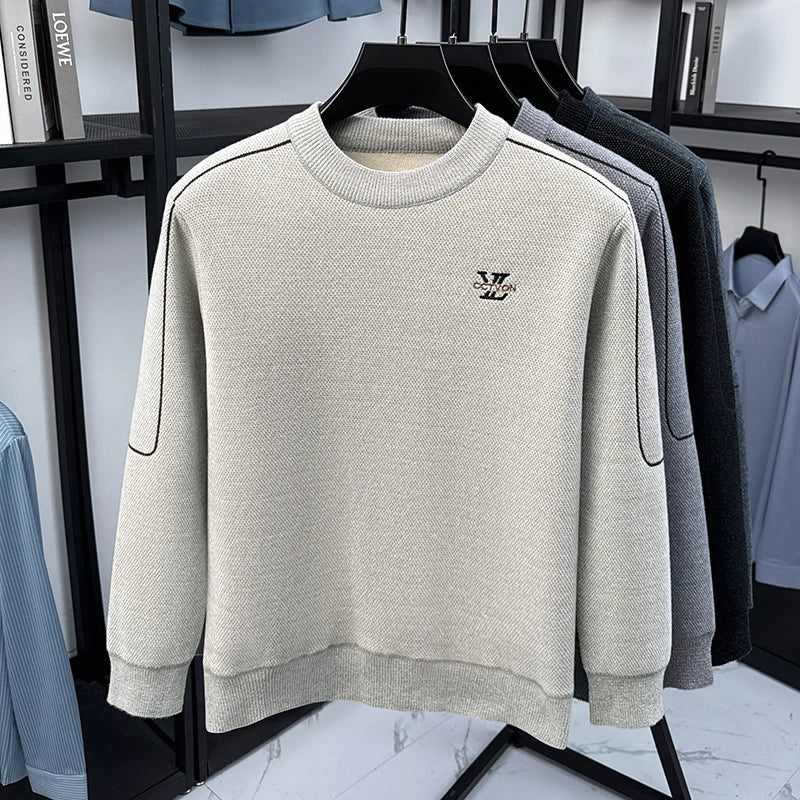 Winter 2025 Men's Sweater with Fleece and Mink Fur for Middle-aged Warmth, Integrated Fleece Base, Embroidered Round Neck Top
