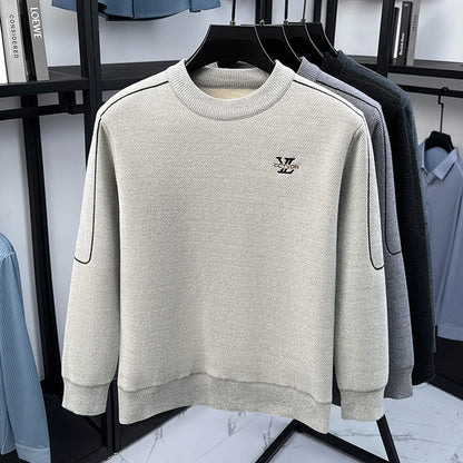 Winter 2025 Men's Sweater with Fleece and Mink Fur for Middle-aged Warmth, Integrated Fleece Base, Embroidered Round Neck Top