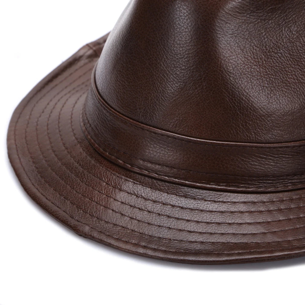 Men's Gentlemen's Fedora Hat Genuine 100% Cowhide Leather Trilby Cap Real Cowhide Leather Jazz Casual Autumn Winter Top Cap