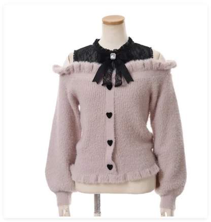 Japanese Sweet Bow Long-sleeve Knitted Pullover Sweater Autumn Winter New Off-shoulder Sexy Lolita Girls Liz Sweater Jumper Top