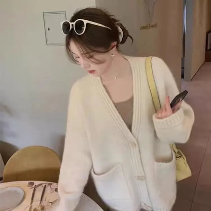 Ladies Sweaters Winter Button Knitted Top for Women White Cardigan 2025 New Collection Jumper Long Sleeve Knitwear Korean Luxury