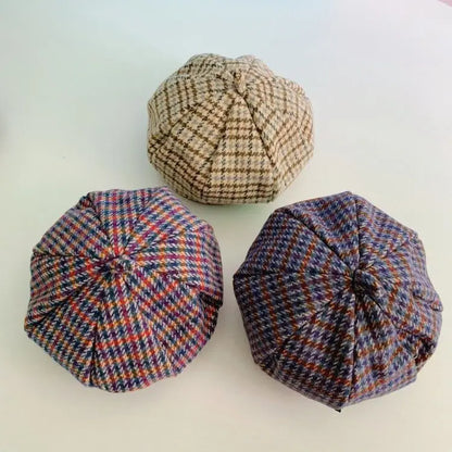 Kids Boys Girls PU Leather Hat 2024 New Arrival Children Princess Retro Beret Cap British Style Plaid Striped Cap Steetwear Hat