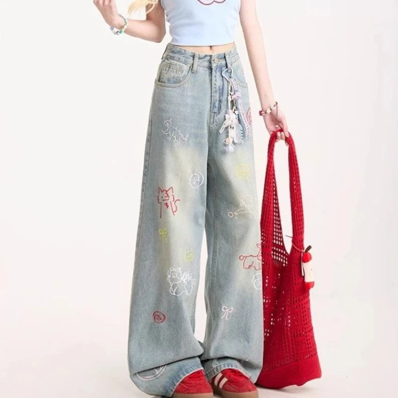 Jeans for Woman Y2k Pants Retro Washed Denim Straight Leg Wide Leg Trousers Cartoon Embroidery Design Comfortable Daily Wear