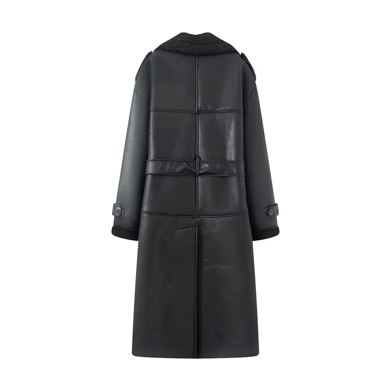 Women's Coat 2025 Autumn New Style Black Long-Sleeve Leather and Fur Integrated Coat with Belt High-End Outerwear Elegant