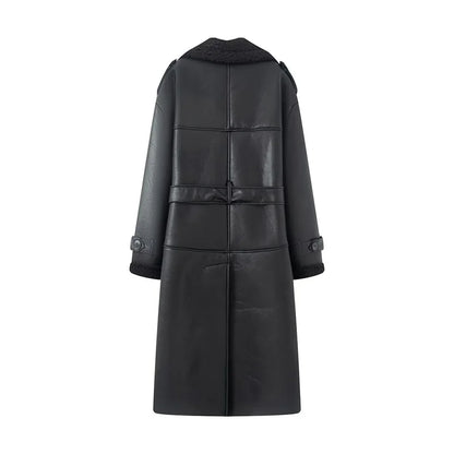 Women's Coat 2025 Autumn New Style Black Long-Sleeve Leather and Fur Integrated Coat with Belt High-End Outerwear Elegant