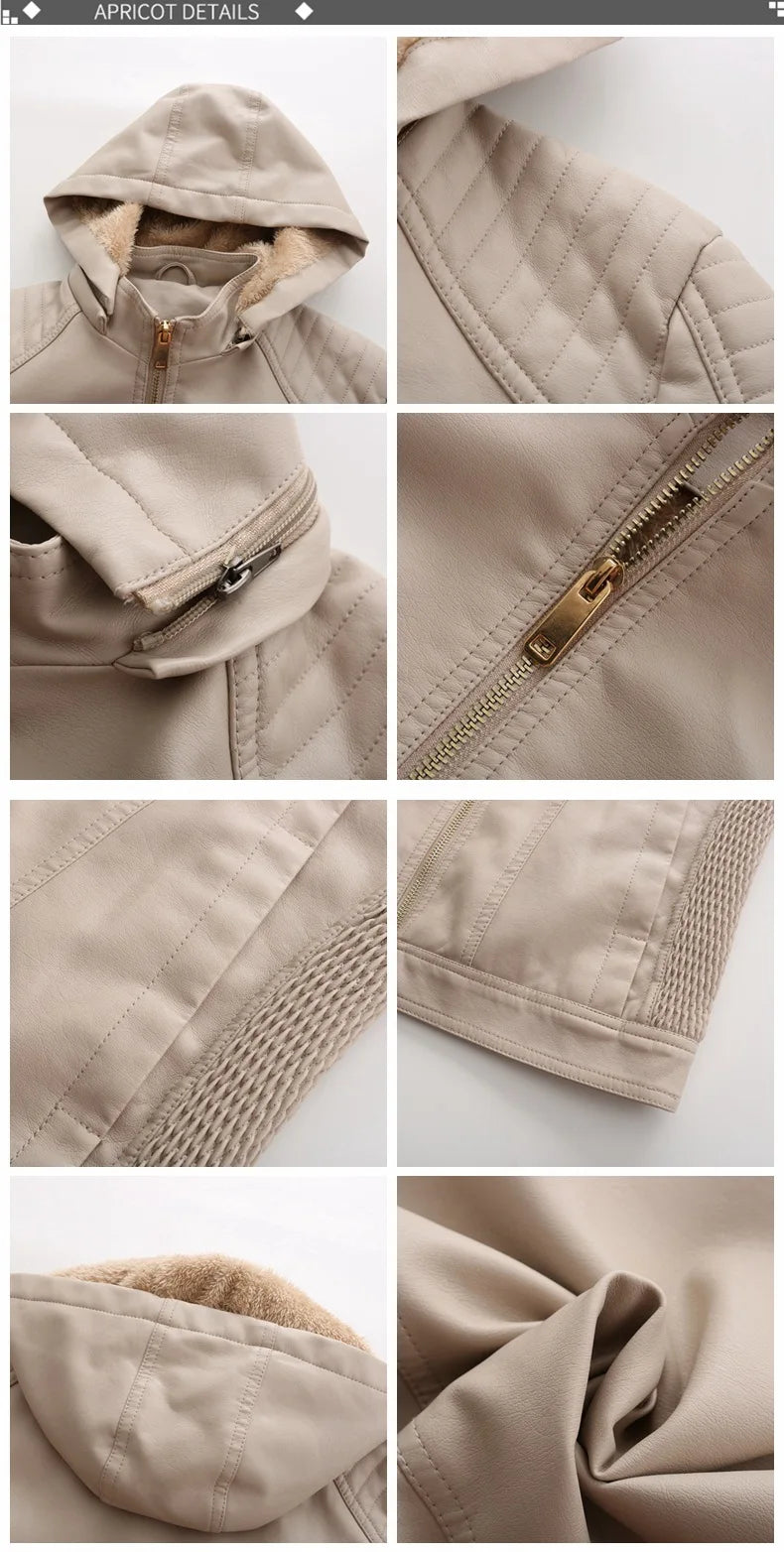 Faux Leather Women Coat Hooded Full Sleeve Slim Fit Solid Sexy Regular Jackets Zipper Casual Splice Coats Thick Warm Jacket