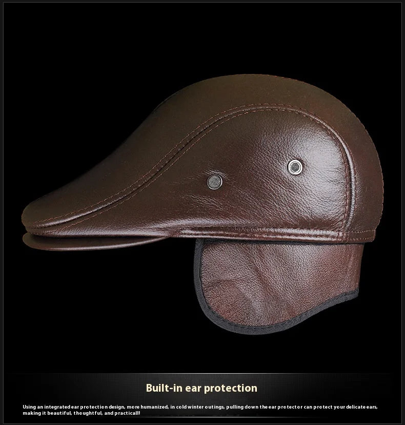 Men's Genuine Leather Baseball Cap Premium Cowhide Autumn/Winter New Style Haining Sourced with Ear Protection for Outdoor Use
