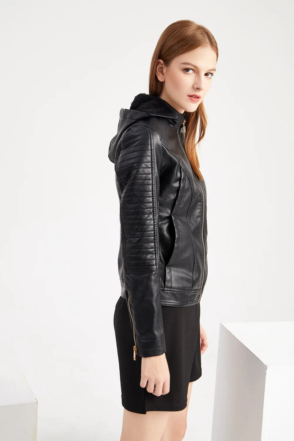 Faux Leather Women Coat Hooded Full Sleeve Slim Fit Solid Sexy Regular Jackets Zipper Casual Splice Coats Thick Warm Jacket