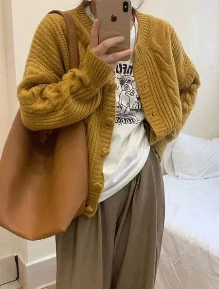 Ladies Sweaters Winter Button Kawaii Knitted Top For Women Yellow Cute Cardigan Designer Y2k Fashion Korea Korean Luxury Jumper