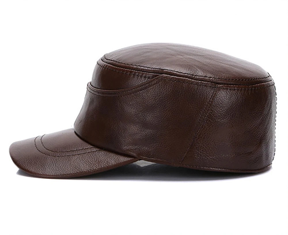 New Real Cow Leather Flat Cap Earflap Cap Men Real Leather Hats Fall Winter male 100% Genuine Real Cowhide Leather Military Caps