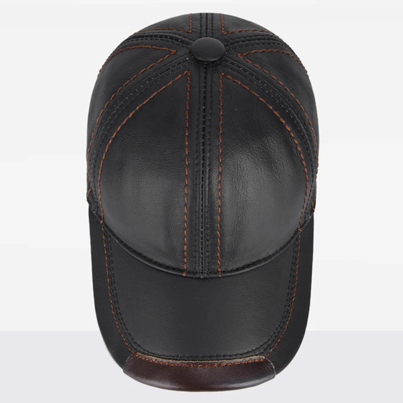 Men Real Cowhide Leather Earlap Caps Male Fall Winter 100% Real Cow Leather Hats New Casual Real Leather Outdoor Baseball Cap
