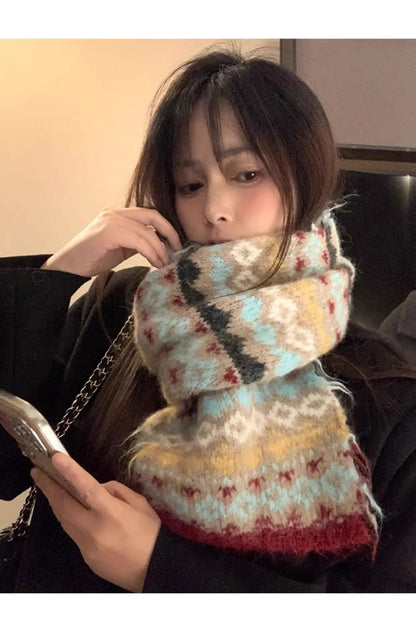 Women's Winter Scarf Sweet Style Warm Scarf Knitted Wool Scarf  Winter High End Retro Thickened Warm Woolen Scarf Fashion Scarf