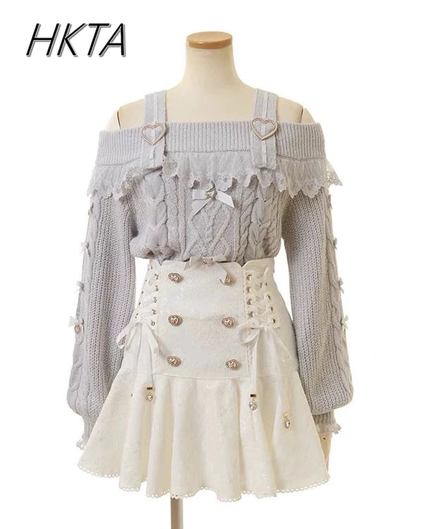 Japanese Sweet Bow Long-sleeve Knitted Pullover Sweater Autumn Winter New Off-shoulder Sexy Lolita Girls Liz Sweater Jumper Top