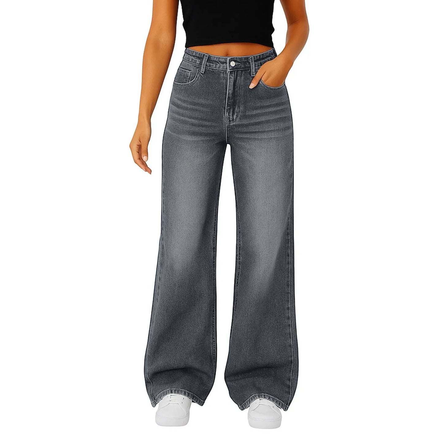 Wide-Leg Jeans Women Light Blue High-Waisted Simple Design Fashionable Trousers Loose-Fitting High-Height Pants Suitable Daily