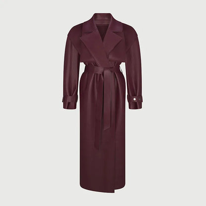 Fashion PU Leather Long Overcoats With Belt Women Luxury Lapel Button Oversize Jackets Female 2025 Autumn High Street Outerwear