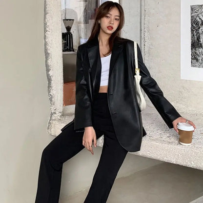 Fashion Lapel Collar Leather Jacket Women Outerwear Korean Chic Vintage PU Coats Loose Retro Suit Leather Jacket Autumn/Winter