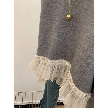 New Winter Sweet Loose Beaded Ruffled Pink Sweater for Women Fashion Versatile Casual and Elegant Knitted Sweater