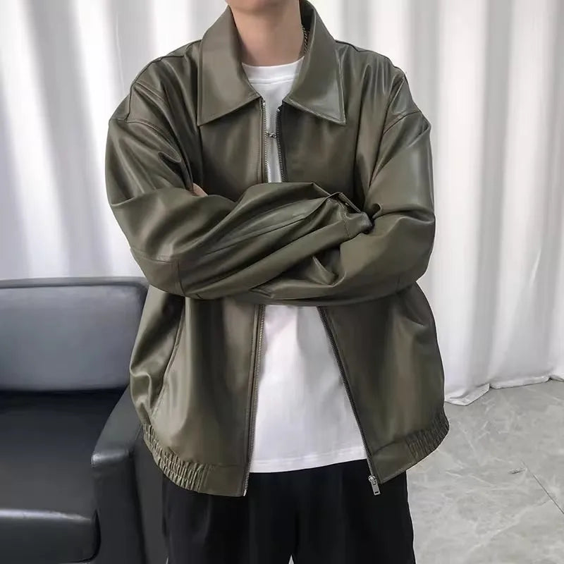 Leather Jacket For Men Solid Casual Turn Down Collar Pu Leather Motorcycles Jackets Autumn Male Loose Vintage Moto Biker Coats