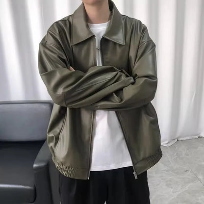 Leather Jacket For Men Solid Casual Turn Down Collar Pu Leather Motorcycles Jackets Autumn Male Loose Vintage Moto Biker Coats