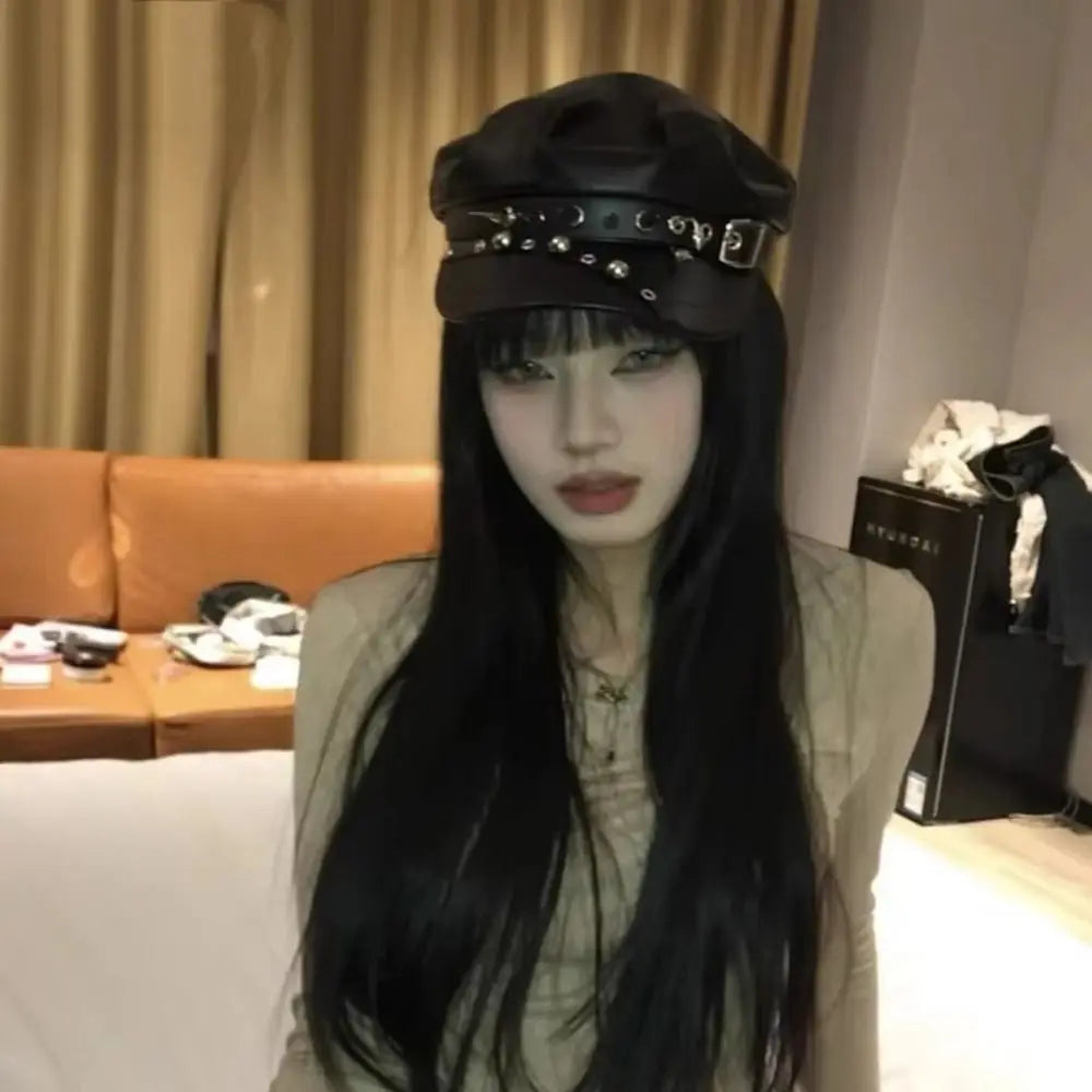 PU Leather Rivet Punk Cap Lolita Cool Beret Hat Gothic Spike Cap Sunscreen Hat Black Painter Hat Hip Pop Cap